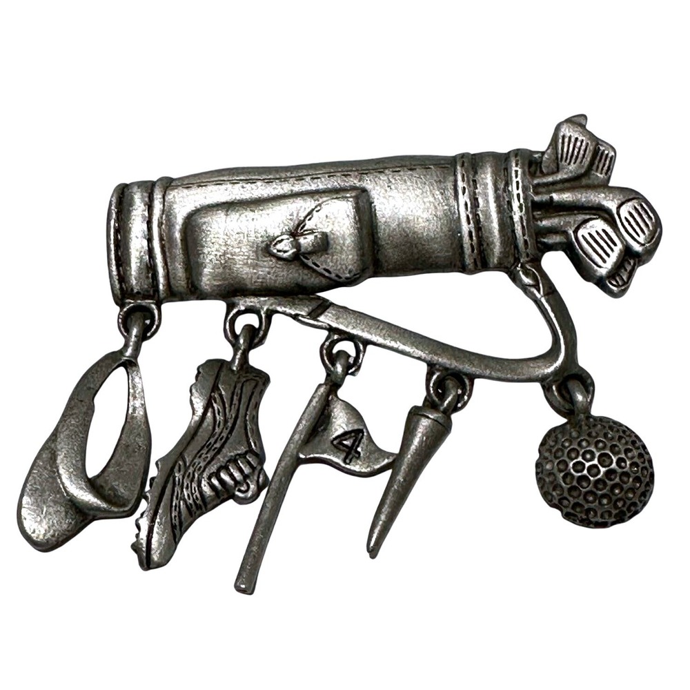 JJ Signed Golf Bag Brooch Novelty Lapel Pin Golf Clubs Shoe Hat Flag Ball Pewter